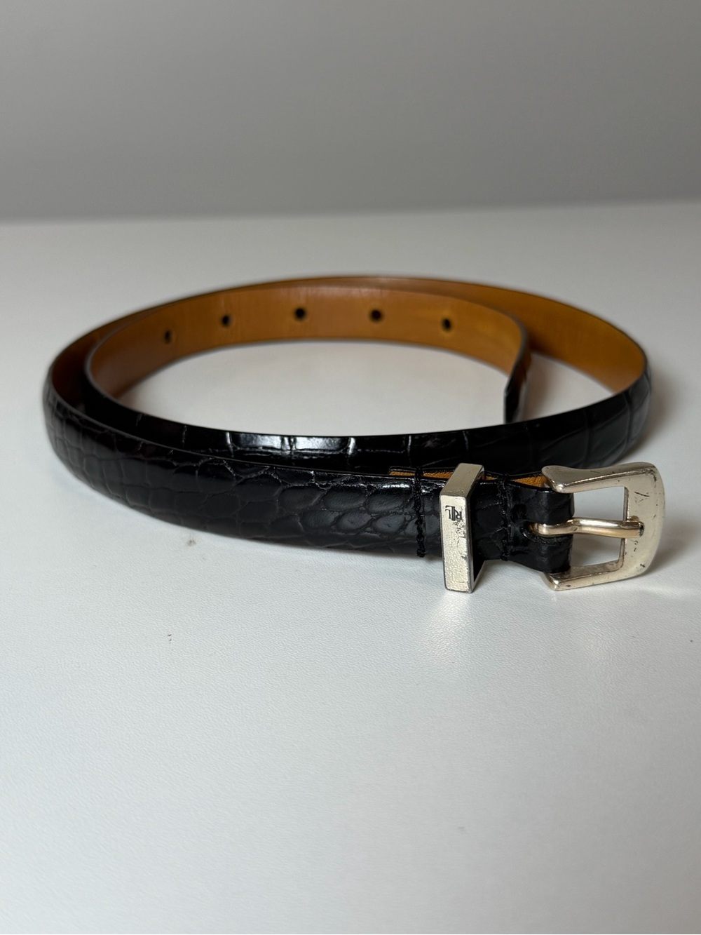 Lauren Ralph Lauren Small Black Croc-Embossed Leather Belt with Silver Buckle